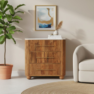 Cassettiera Beaumont a tre cassetti in legno di mango con piano in marmo bianco