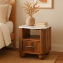 Comodino Beaumont in legno massello di mango con piano in marmo bianco, cassetto e vano aperto