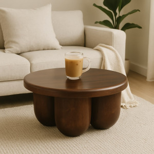 Tavolino da caffè Clara in legno massello di mango con finitura Winewood e gambe scultoree arrotondate a colonna