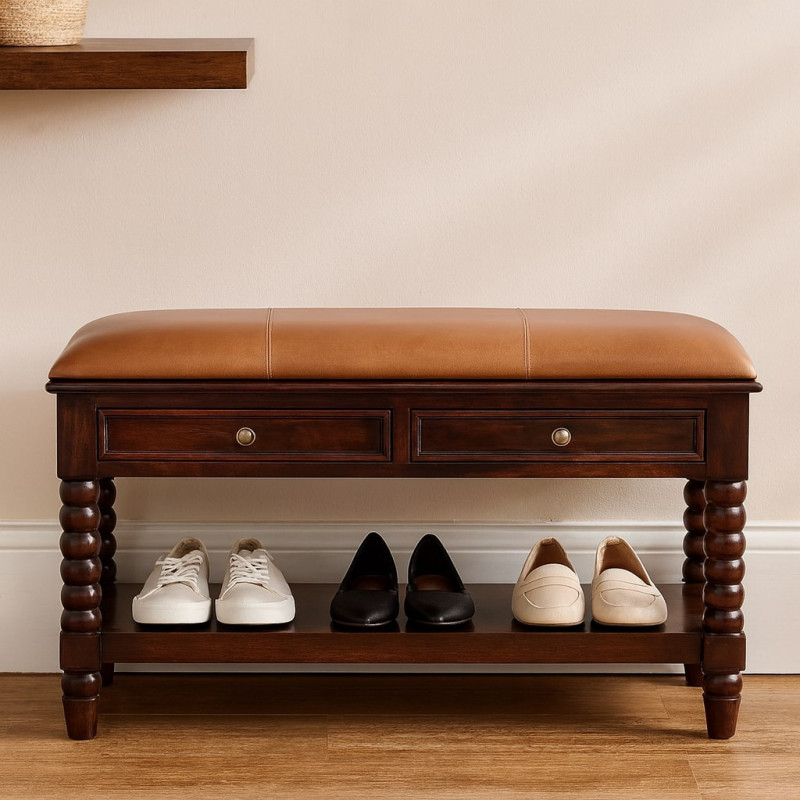 Panca Spindle Winewood Leather in legno massello di mango con seduta in pelle, gambe tornite, due cassetti e ripiano inferiore