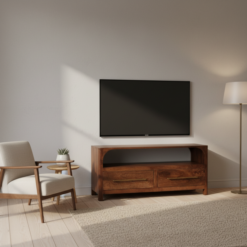 Consolle multimediale Arc-Line in legno massello di mango con finitura Roasted Almond, ripiano aperto e due cassetti