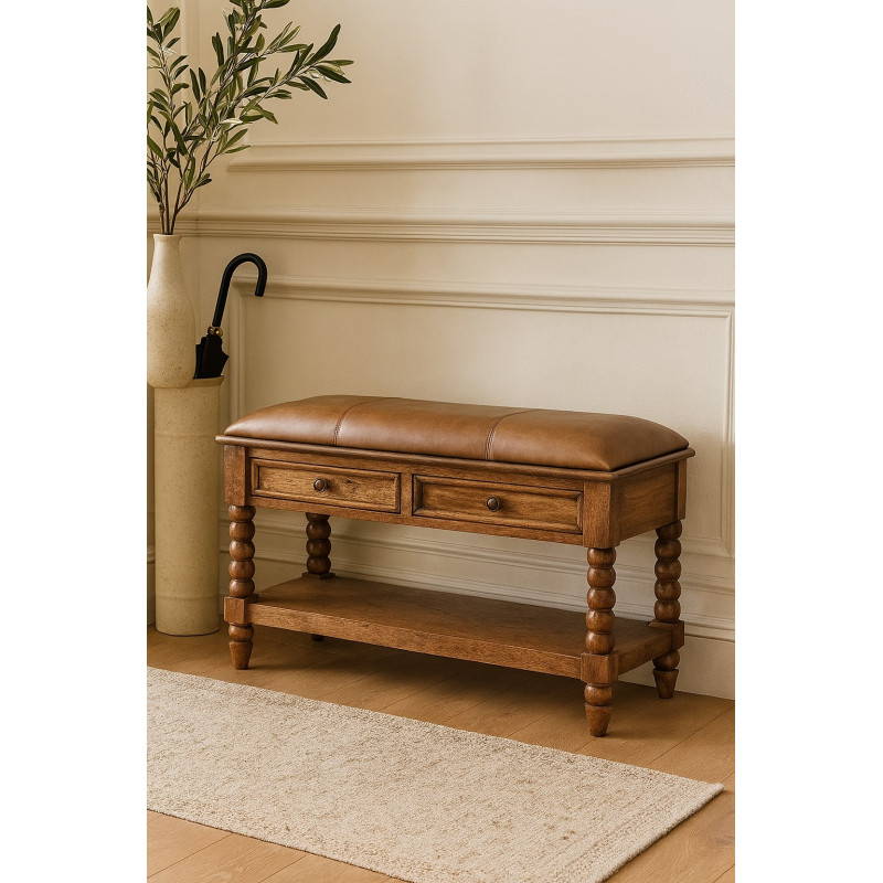 Panca Spindle con seduta in pelle, gambe a fuso e pratico spazio contenitivo, ideale per ingresso, camera da letto o soggiorno.