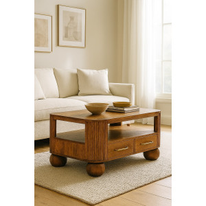 Tavolino Briarwood Fluted in legno massello di mango con finitura teak dorato, lati scanalati, due cassetti e piedini a sfera