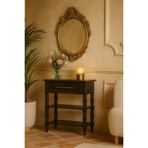 Tavolino Heritage ambientato nell’ingresso con finitura Carbon Ash e tiratore color ottone.