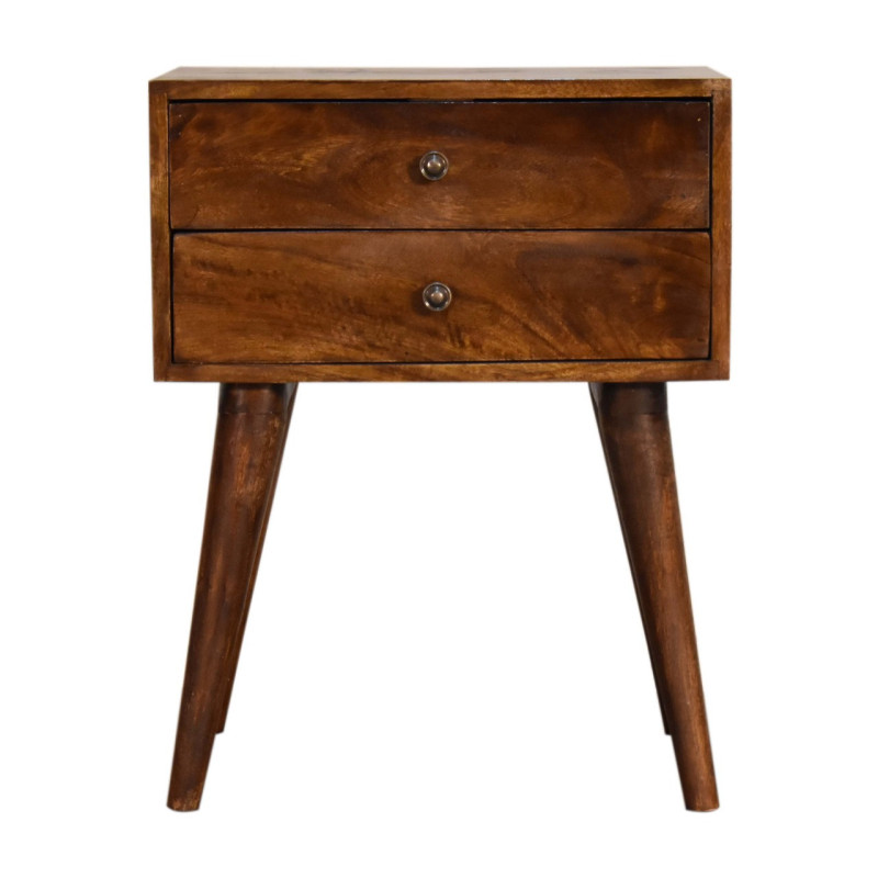 Elegante comodino artigianale in legno massello di mango con due cassetti, pomelli lucidi e quattro gambe nordiche affusolate.