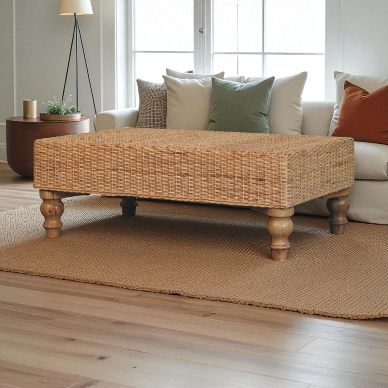 Tavolino Regency in rattan con quattro gambe tornite in mango