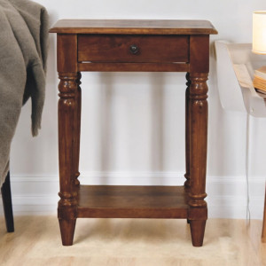 Tavolino Turned Legs  in mango color Castagno con cassetto e ripiano