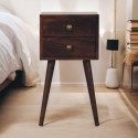 Mini California Walnut, comodino compatto in mango massello con due cassetti e raffinate gambe nordiche.