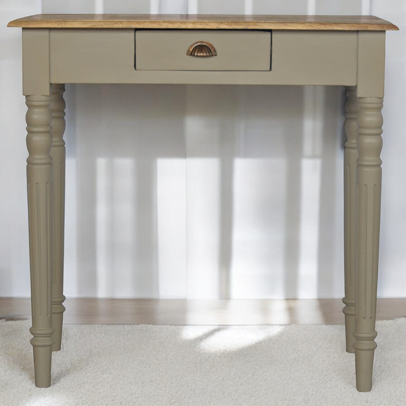 Elegante scrittoio artigianale con piano effetto rovere, base dipinta a mano e raffinate gambe scanalate.