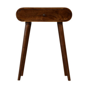 Raffinata consolle compatta in legno massello di mango con bordi arrotondati, due cassetti e gambe affusolate in stile nordico.