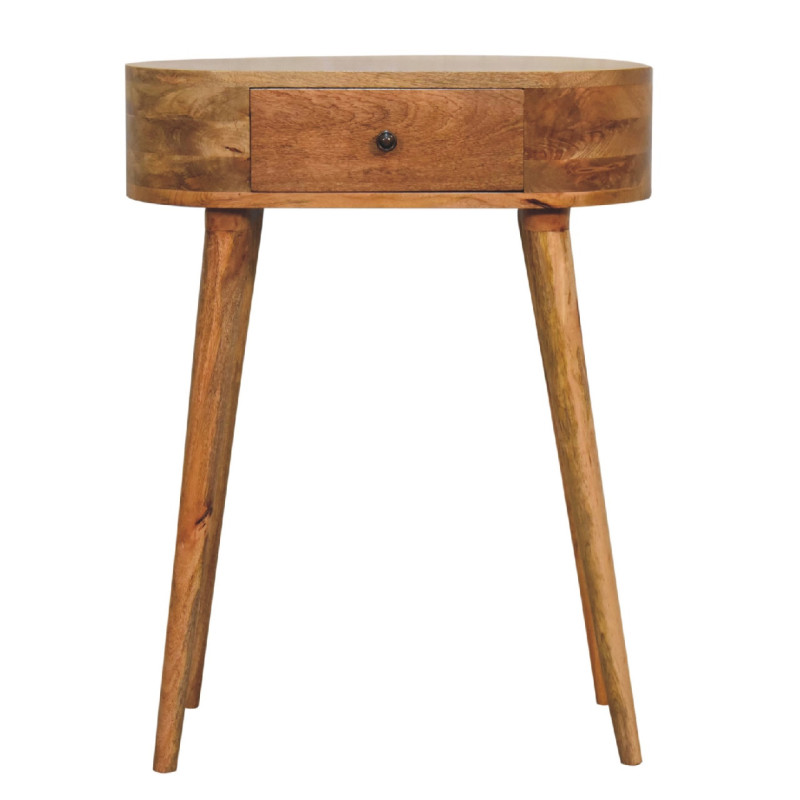 Vista frontale della consolle Mini Albion effetto rovere con cassetto e gambe nordiche