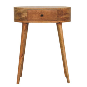 Vista frontale della consolle Mini Albion effetto rovere con cassetto e gambe nordiche