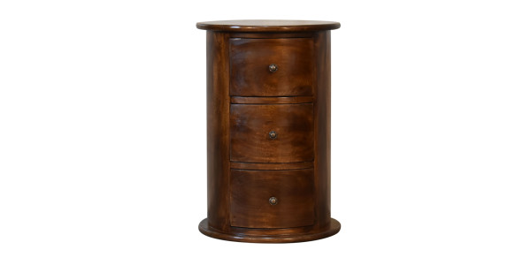 Cassettiera Rotonda Drum in Legno Massello di Mango Finitura Castagno
