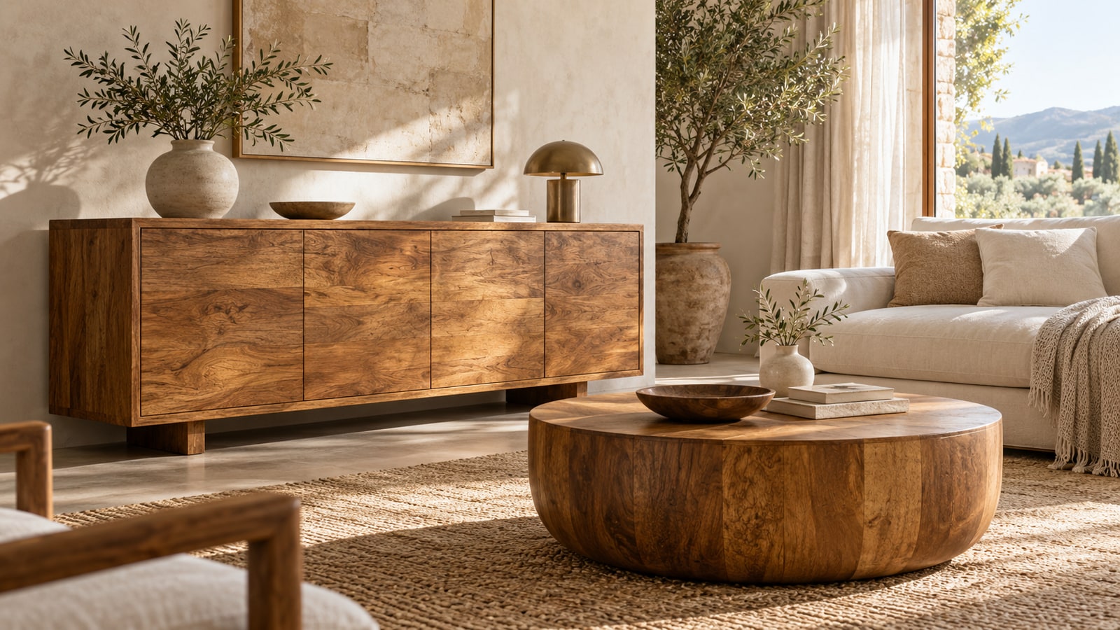 Soggiorno con credenza e tavolino in legno di mango massello, divano chiaro e tessuti naturali