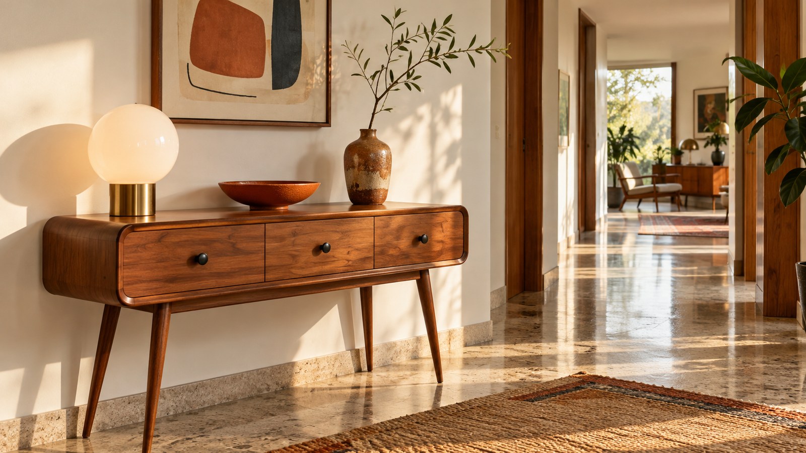 Ingresso di ispirazione Mid-Century con consolle in legno dalle gambe affusolate e lampada a globo