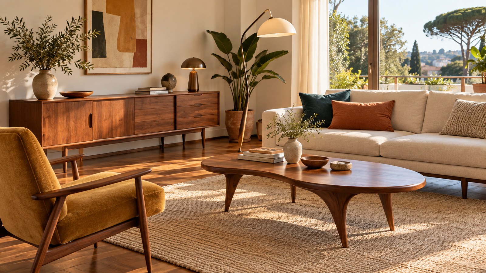 Soggiorno Mid-Century con credenza in legno, tavolino dalle forme organiche e poltrona senape