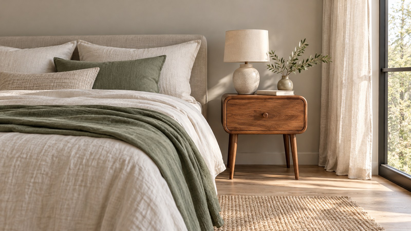 Camera da letto nordica con comodino in legno, biancheria chiara e coperta verde salvia