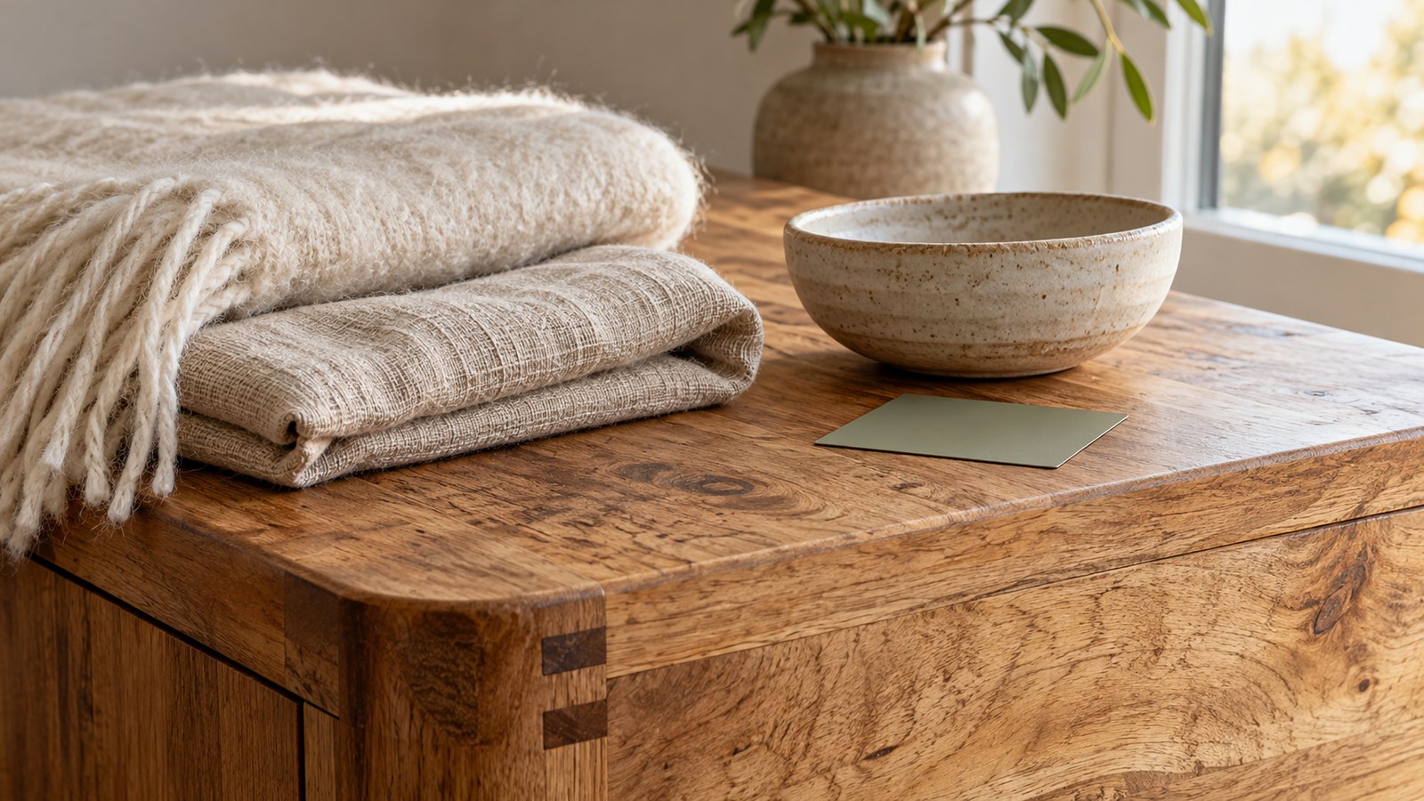 Abbinamento di legno dalle venature calde, lino beige, lana chiara e ceramica